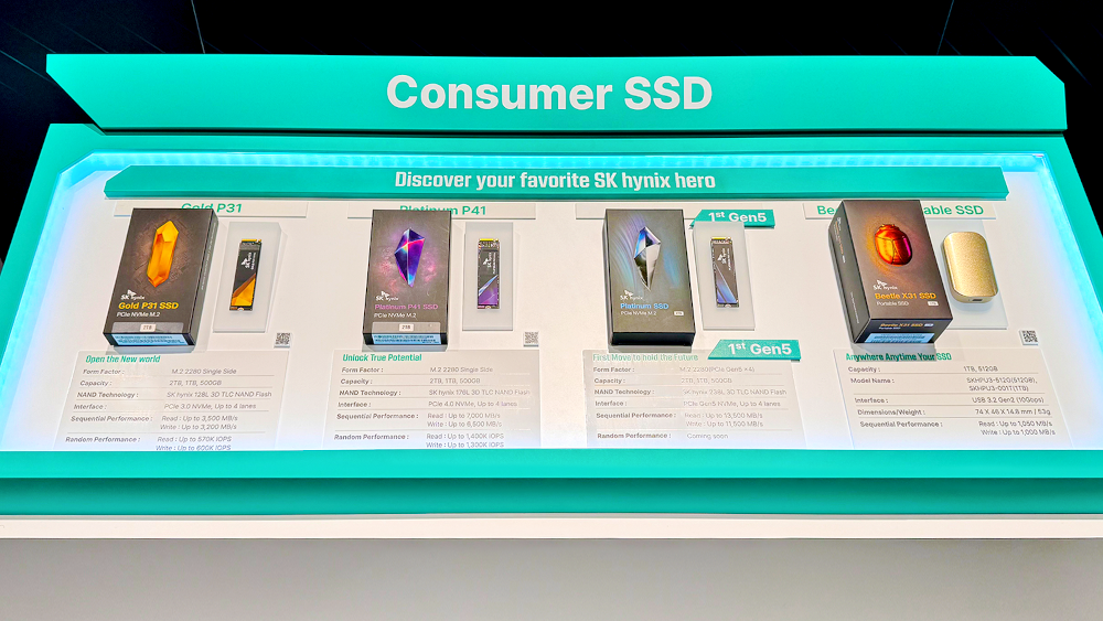 NVIDIA GTC 2024期间,SK海力士展示基于PCIe第5代 “PCB01”的消费端SSD产品(从右第二) NVIDIA GTC 2024期间,SK海力士展示基于PCIe第5代 “PCB01”的消费端SSD产品(从右第二)